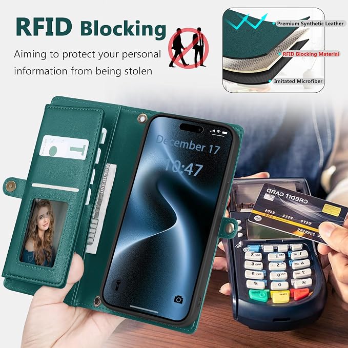 Wallet Case for iPhone 15 Pro Max with Card Holder/Crossbody Wallet/Strap| RFID Blocking | Magnetic | Kickstand | Detachable | PU Leather Phone Case for iPhone 15 Pro Max,6.7 in,Green