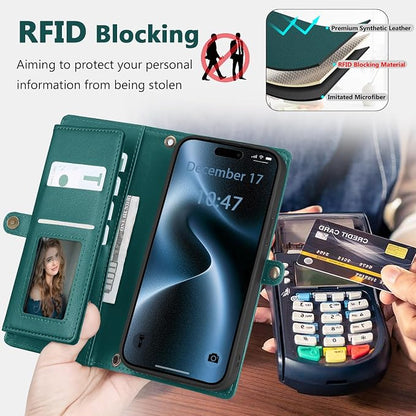 Wallet Case for iPhone 15 Pro Max with Card Holder/Crossbody Wallet/Strap| RFID Blocking | Magnetic | Kickstand | Detachable | PU Leather Phone Case for iPhone 15 Pro Max,6.7 in,Green