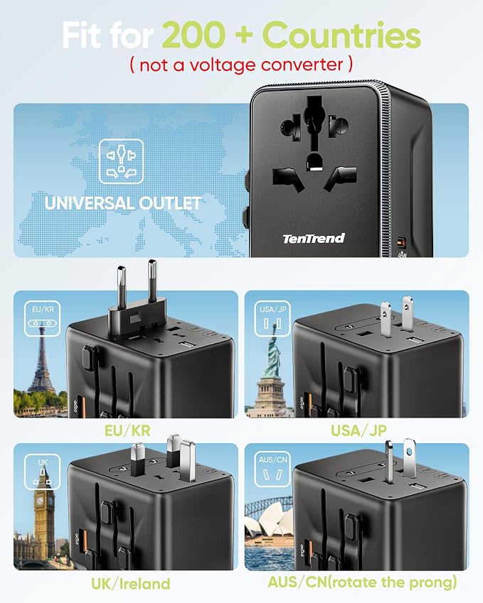 TenTrend Universal Travel Adapter, 30W International Power Adapter with 4 USB-C & 1 USB-A Ports, European Travel Plug Adapter, Worldwide Travel Essentials for EU UK AUS USA