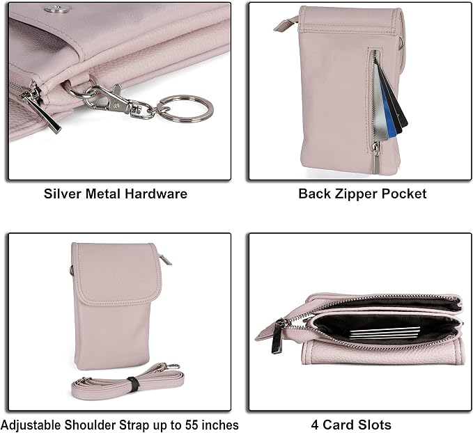 befen Genuine Leather Small Crossbody Bags for Women Cell Phone Bag Cross Body Purses,Silver Zipper