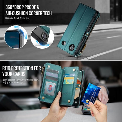 Strapurs for iPhone Air Detachable Wallet Case Compatible with Magsafe for Women, RFID Blocking 9-Card Holder Zipper Strap Lanyard PU Leather Magnetic Phone Case for iPhone 17 Air 6.5", Blue Green