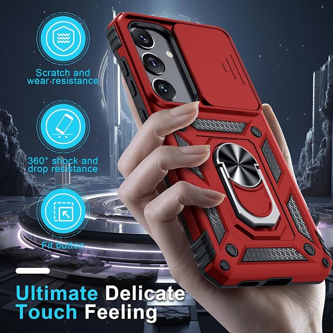 Janmitta Compatible with Samsung Galaxy S25 Plus/S24 Plus Case Built in Slide Camera Lens Cover+Screen Protector+Finger Ring Holder Kickstand,Heavy Duty Shockproof Full Body Phone Cover,Red
