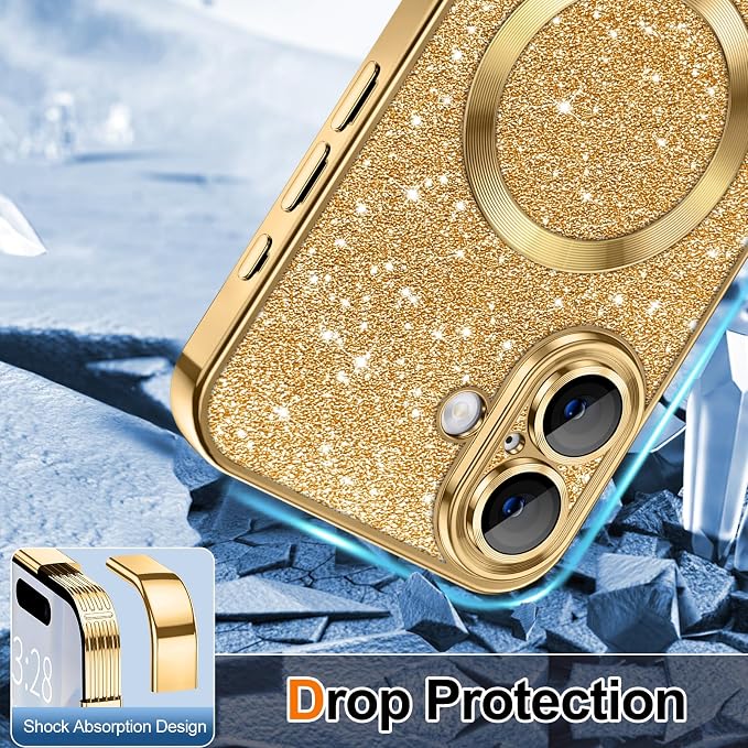 Hython for iPhone 17 Case Glitter Clear Magnetic Phone Cases [Compatible with MagSafe] Full Camera Lens Protector Sparkle Luxury Plating Slim Shockproof Protective Cover Women, Gold