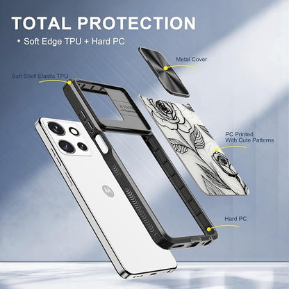 for Motorola Moto G 5G 2025 Case with Rose, Metal Slide Camera Cover, Screen Protector, Anti-Peeping Privacy Safeguard, Camera Lens Protector Phone Case for Moto G 5G 2025