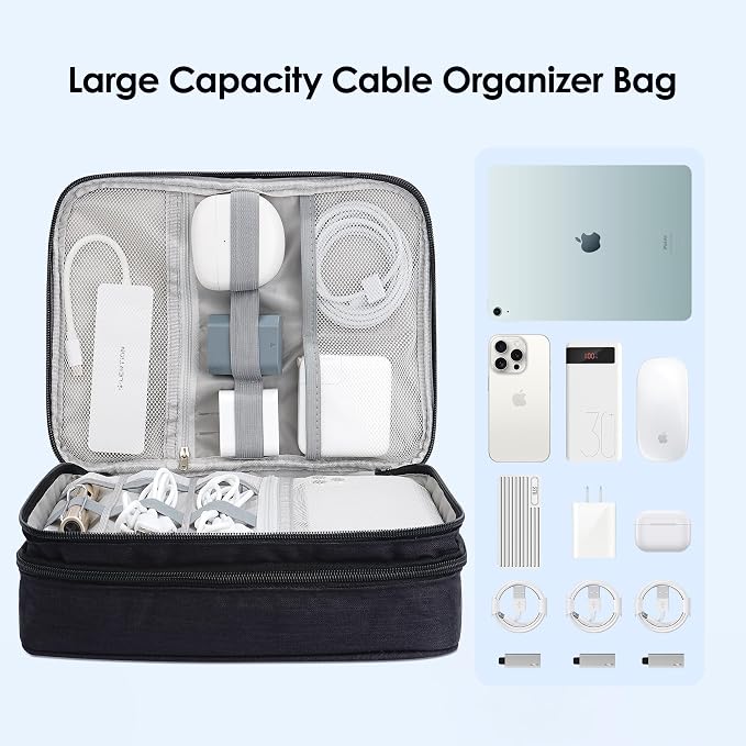LENTION Double-Layer Cable Organizer Bag Portable Travel Digital Storage | Portable Carry Case Fits Power Bank, Earphone, Charger, Hard Drive; Waterproof Fabric Keeps Digital Accessories Tidy on Trip