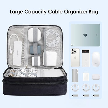 LENTION Double-Layer Cable Organizer Bag Portable Travel Digital Storage | Portable Carry Case Fits Power Bank, Earphone, Charger, Hard Drive; Waterproof Fabric Keeps Digital Accessories Tidy on Trip