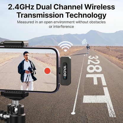 BOYA by-V2 Wireless Microphones for iPhone iPad with MFi Certified Lightning Port, 328ft Range, 9H Battery Life, Noise Reduction Mini Mic Clip on Lapel Microphone Wireless for Video Recroding