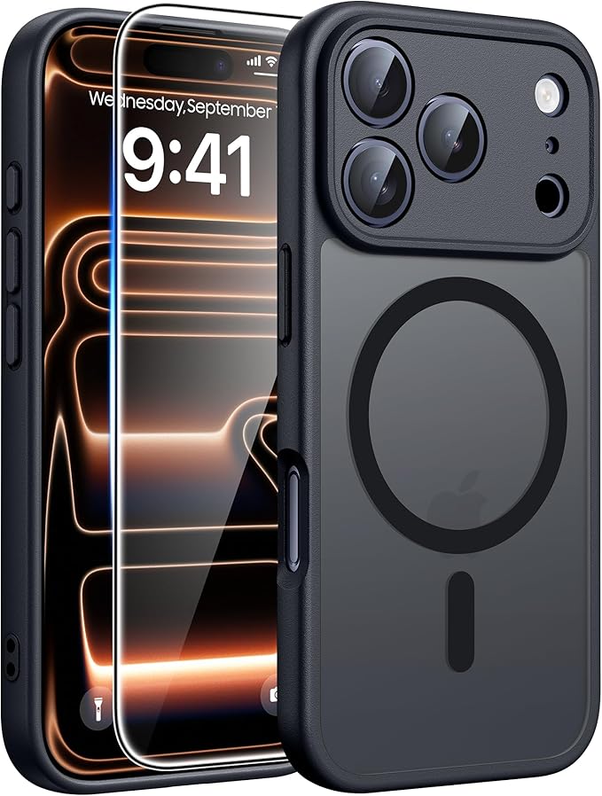 FNTCASE for iPhone 17 Pro Max Case: [Compatible with Magsafe] Translucent Matte Cases with [Full Camera Protection] [Screen Protector] Military Grade Shockproof Protective Phone Cover - Black Circle