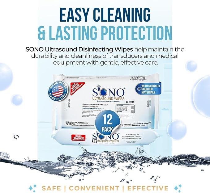 SONO Multipurpose Ultrasound Disinfecting Wipes - Clinical Standard, Daily-Use and Maintenance Wipes, Compatibility Tested on Delicate Ultrasound Equipment - 12 Packs x 50ct (600 wipes)