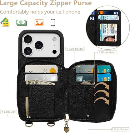 Keallce Case for iPhone 17 Pro 6.3'' Case Wallet, Crossbody Zipper Purse with RFID Blocking Card Slots Kickstand, Lanyard & Handstrap Flip Folio Leather Phone Cover for iPhone 17 Pro, Black