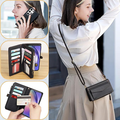 for Samsung Galaxy S25 Ultra Wallet Case for Women Men, Wireless Charging with RFID Blocking Card Holder, PU Leather Crossbody Strap Detachable Magnetic Phone Shell Purse, Black