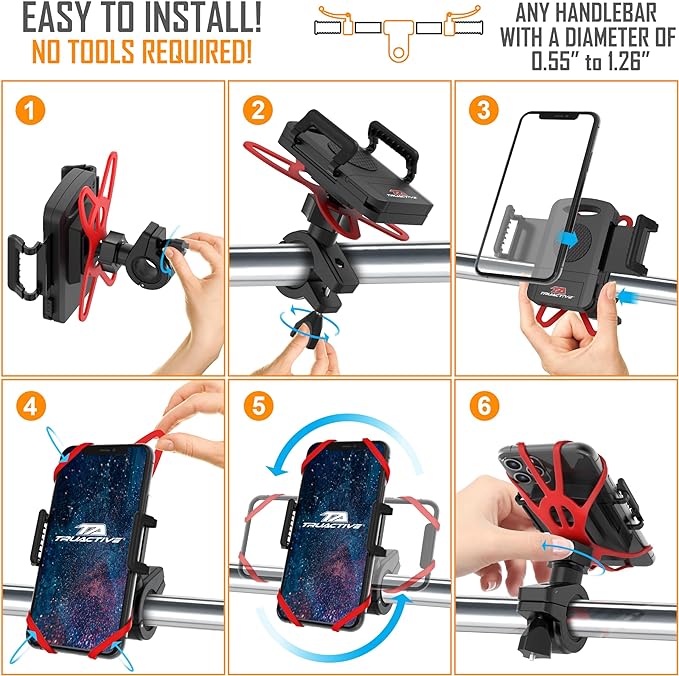 TruActive Premium Bike Phone Mount Holder | Universal Cell Phone Mount for 4"-7" Phones | Includes 6 Reusable Color Bands | Tool Free Handlebar Mount for Bicycle, Motorcycle, Electric Scooter, ATV