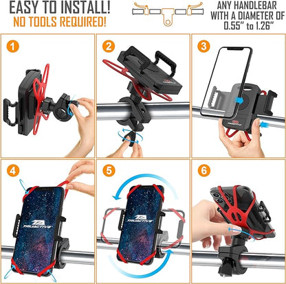 TruActive Premium Bike Phone Mount Holder | Universal Cell Phone Mount for 4"-7" Phones | Includes 6 Reusable Color Bands | Tool Free Handlebar Mount for Bicycle, Motorcycle, Electric Scooter, ATV