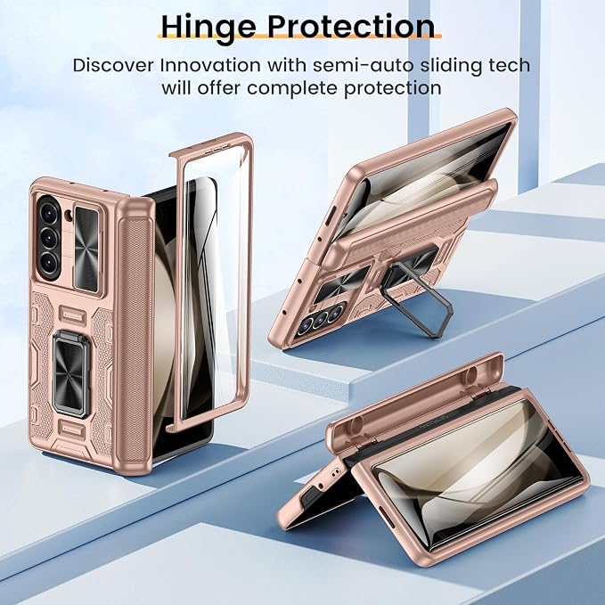 VEGO for Galaxy Fold 5 Case with Stand & Screen Protector & Lens Cover | Samsung Galaxy Z Fold 5 Case with Hinge Protection 360° Magnetic Kickstand Full Body Protective Cover-Rose Gold