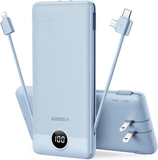 VEGER Portable Charger with Built-in AC Plug and Cables, All in One 10000mAh Ultra Slim Power Bank Travel Essentials, Fast Charging Battery Pack Compatible with iPhone, Samsung, Android (Blue)