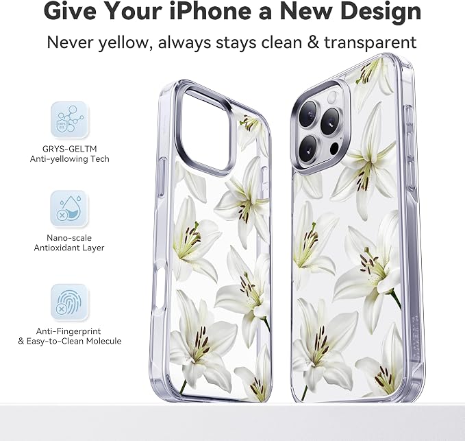 CASEKOO White Water Lily for iPhone 16 Pro Max Case, [Never Yellow Technology] [12FT Military-Grade Protection] Transparent Slim Floral Cover Women 16 Pro Max Phone Case 6.9 inch, White Water Lily