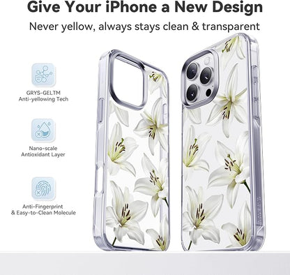 CASEKOO White Water Lily for iPhone 16 Pro Case, [Never Yellow Technology] [12FT Military-Grade Protection] Transparent Slim Floral Cover Gril Women 16 Pro Phone Case 6.3 inch, White Water Lily