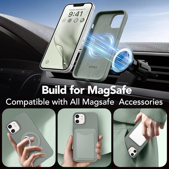 GONEZ Magnetic for iPhone 12 Case / 12 Pro Case, Compatible with MagSafe, [Screen Protector + Camera Lens Protector], Silicone Shockproof Anti-Scratch Protective Phone Case 6.1 inch, Calke Green