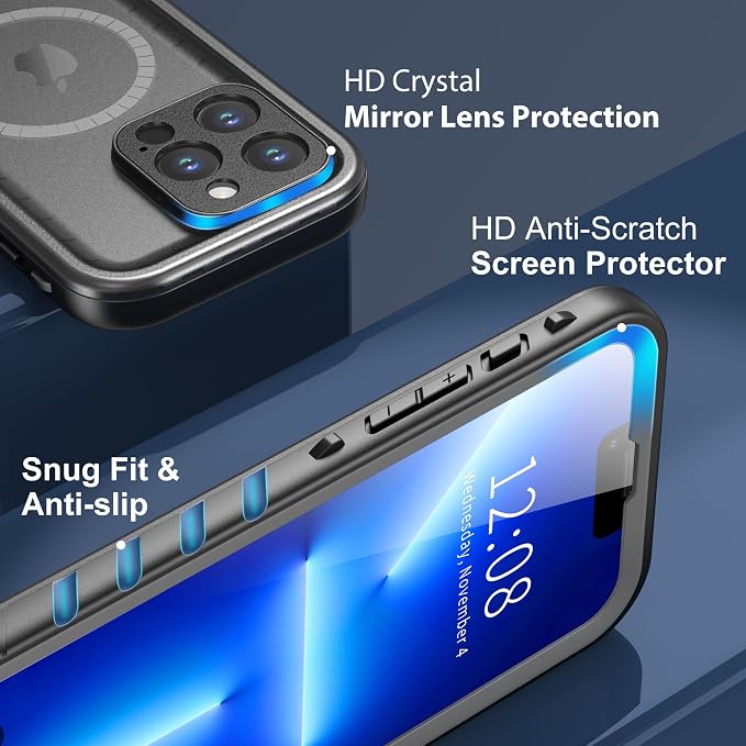 SPORTLINK for iPhone 13 Pro Case Waterproof - Buit in Screen Protector [Compatible with MagSafe][IP68 Underwater][6.6FT Military Dropproof][Dustproof] Full Body Shockproof Case 6.1" Black