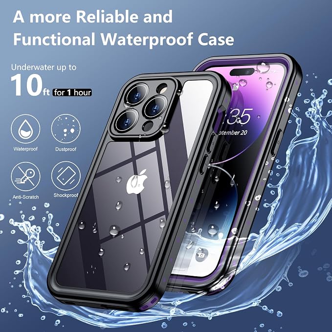 SPIDERCASE for iPhone 14 Pro Case Waterproof, Built-in Lens & Screen Protector, Full Heavy Duty Protection, 12FT Military Shockproof, Dustproof, Anti-Scratched Phone Case,Purple