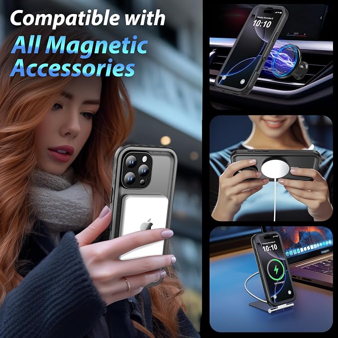 SPORTLINK for iPhone 16 Pro Waterproof Case - Shockproof Dustproof Case with Built-in Clear Screen Protector, Full Body Heavy Duty Sealed Protective Cover for i Phone 16 Pro 6.3" Mag/Black