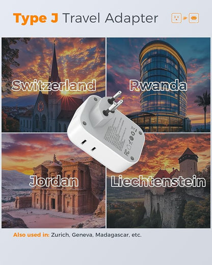 TESSAN Switzerland Travel Plug Adapter PD 20W, 2 Pack Type J Switzerland Power Adapter with 4 Outlets 3 USB (2 USB-C), Swiss Plug for US to Rwanda Jordan Liechtenstein Madagascar, Travel Essentials