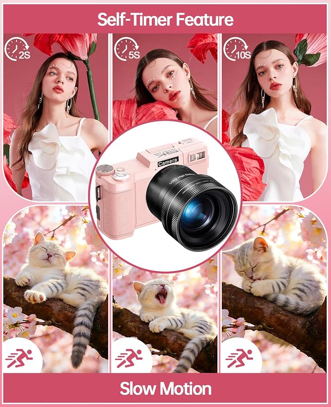 FLATIC 5K Digital Camera with WiFi, Cameras for Photography with 180°Flip Screen, Vlogging Camera with 64GB Card, Battery, Camera for Beginner, Teens