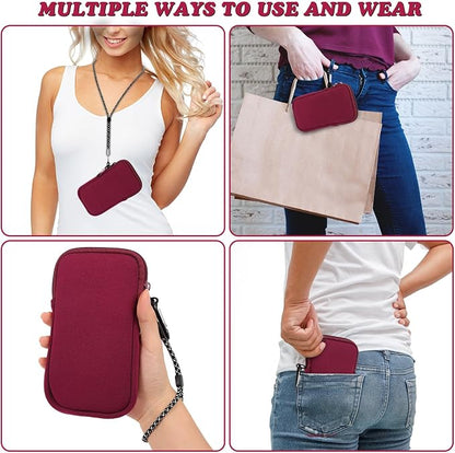 Pwsap Phone Sock,Universal Shock Impact Resistant Large Neoprene Phone Pouch Bag with Carabiner and Lanyard Strap Sleeve Case for Hiking Travelling Fits Phones up to 7.5 Inches,Wine Red,L