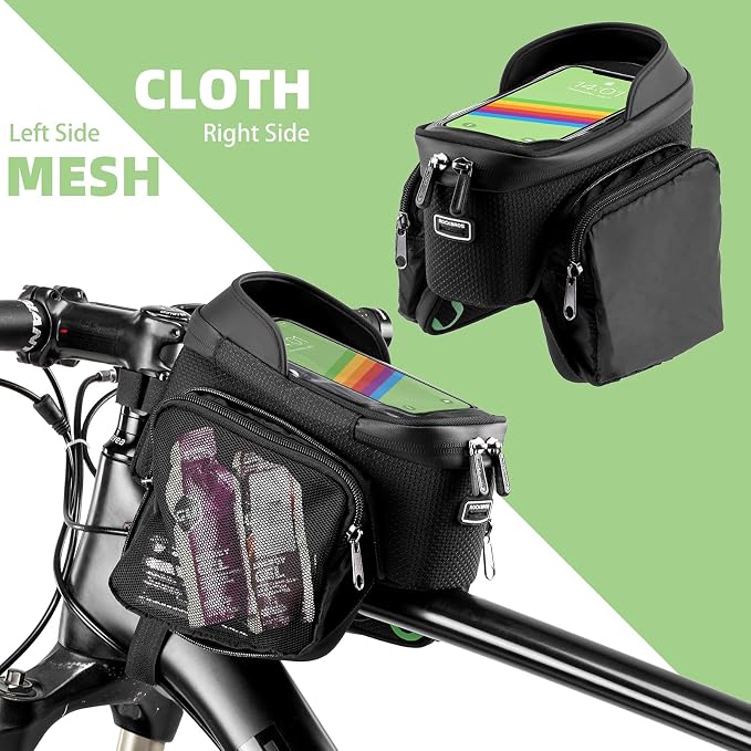 ROCKBROS Bicycle Phone Holder with Side Bags (Up to 2L) Bike Frame Bag Bike Phone Mount Bag Bike Top Tube Bag for Cycling Mountain Road Bike Pouch Accessories Storage Bag