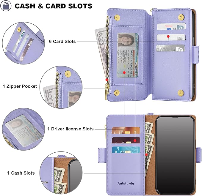 Antsturdy Compatible with iPhone 12 Wallet Case,RFID Blocking PU Leather Phone Case Women Men Kickstand Flip Cover Wrist Strap Zipper Credit Card Holder Slots,for Apple 12 Pro 6.1",Light Purple