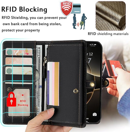 for Wallet Case Compatible with iPhone 16 Pro,Multi-Function Detachable 2 in 1 Magnetic iPhone 16 Pro Case Wallet,Flip Strap Zipper Card Holder Phone Case with Shoulder Straps (Black)