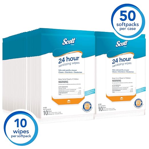 Scott 24 Hour Sanitizing Wipes – Multi-Surface Cleaning & Disinfecting, Continuous Sanitization for 24 Hours – (41526), 50 Packs x 10, 500 Wipes