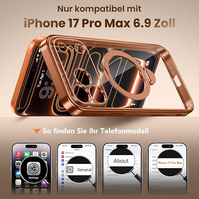 GolbinBox for iPhone 17 Pro Max Case with 360° Spin Magnetic Stand,[Compatible with Magsafe] [Military Protection][Built-in Ring Holder] Camera Control Phone Case for 17 Pro Max,Cosmic Orange/Clear