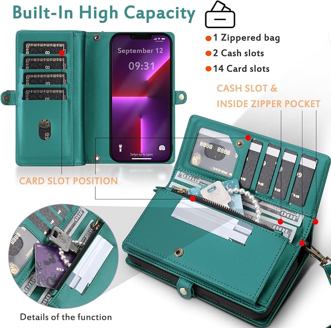 for Wallet Case Compatible with iPhone 13 Pro Max,Multi-Function Detachable 2 in 1 Magnetic iPhone 13 Pro Max Case Wallet,Flip Strap Zipper Card Holder Phone Case with Shoulder Straps (Green)