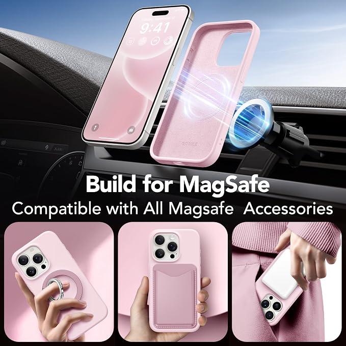 GONEZ Magnetic for iPhone 15 Pro Case, Compatible with MagSafe, [Screen Protector + Camera Lens Protector], Silicone Shockproof Anti-Scratch Protective Phone Case 6.1 inch, Chalk Pink