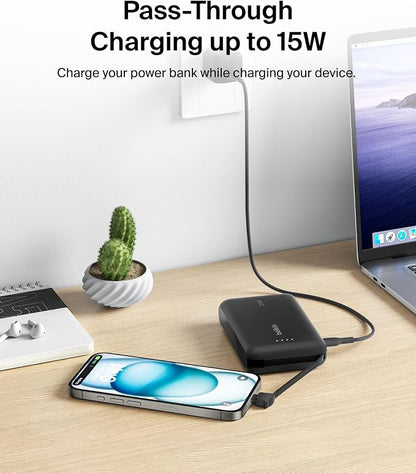 Belkin Portable Charger Power Bank USB C, 10000 mAh w/Integrated Cable, 20W Fast Charge USB-C Power Delivery, iPhone Charger, Apple iPhone 17, Air, Pro, Pro Max, iPad, Samsung Galaxy S25 - Black