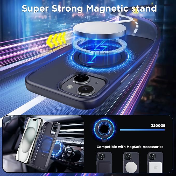 CACOE Magnetic Case for iPhone 15 6.1 inch with 360 Rotatable Ring Stand, Compatible with MagSafe Car Phone Mount, Cases Cover Phone Holder for Desk Meeting/Videos Dark Blue