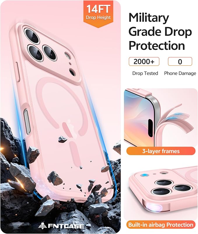 FNTCASE for iPhone 17 Pro-Max Case: [Compatible with Magsafe] Translucent Matte Cases with [Full Camera Protection] [Screen Protector] Military Grade Shockproof Protective Phone Cover - Light Pink