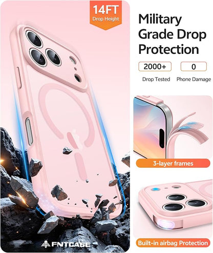 FNTCASE for iPhone 17 Pro-Max Case: [Compatible with Magsafe] Translucent Matte Cases with [Full Camera Protection] [Screen Protector] Military Grade Shockproof Protective Phone Cover - Light Pink