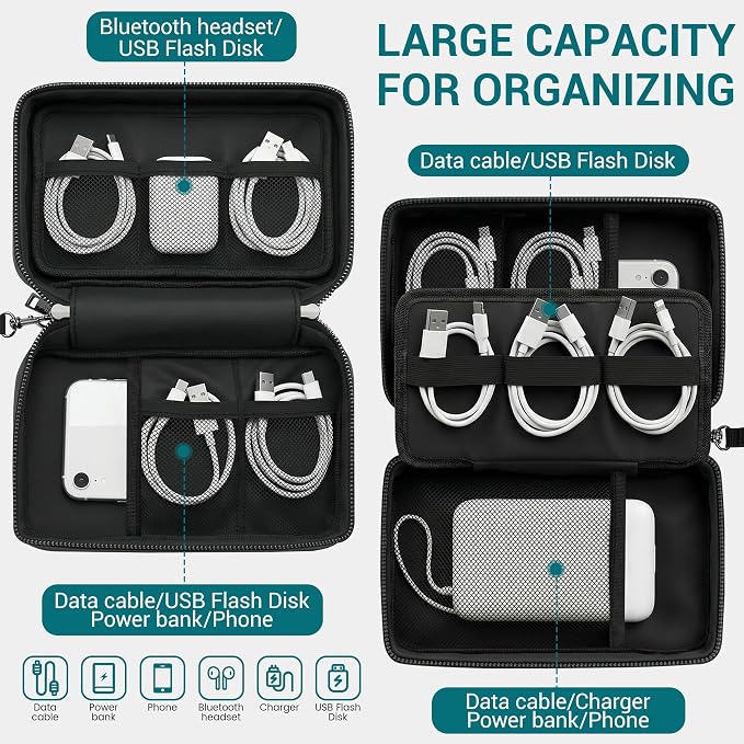 Fireproof Electronics Organizer Travel Case, Black | Water Resistant Tech Accessories Pouch, Explosion-proof Cord Storage Bag, Fireproof Zipper for Phone, Power Bank, Cables, USB