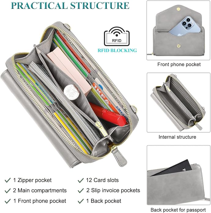 Peacocktion Crossbody Bags for Women RFID Wristlet Wallets Travel Vegan Leather Small Clutch Purses with Phone Pocket Zipper