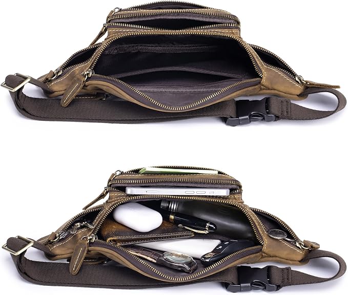 Crazy Horse Cowhide Leather Waist Pack Fanny Bag for Men Women Outdoor Travel Sports Running Walking Hiking Hip Bum Belt Slim Cell Phone Purse Casual Waist Wallet Pouch Deep Brown ﻿