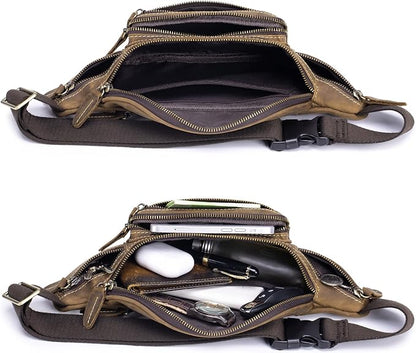 Crazy Horse Cowhide Leather Waist Pack Fanny Bag for Men Women Outdoor Travel Sports Running Walking Hiking Hip Bum Belt Slim Cell Phone Purse Casual Waist Wallet Pouch Deep Brown ﻿