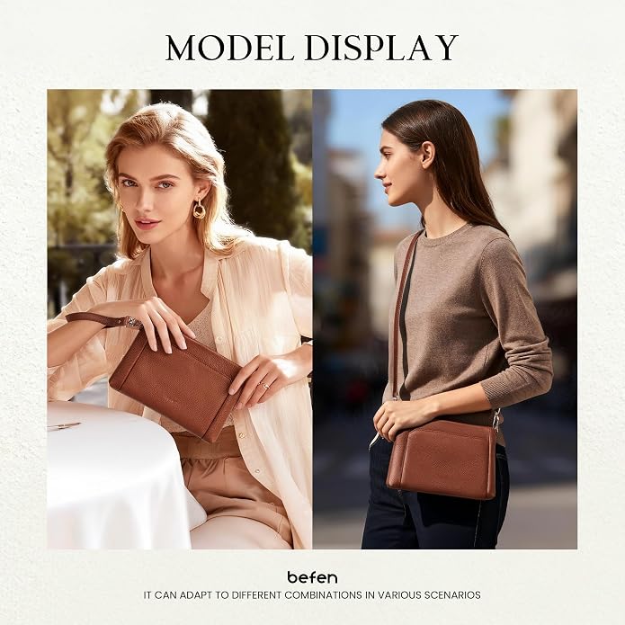 befen Genuine Leather Wristlet Wallet for Women Soft RFID Leather Clutch Purse with Built in Wallet Trendy Crossbody Bag