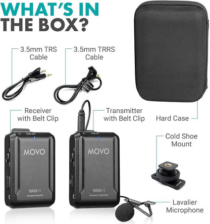 Movo WMX-1 2.4GHz Wireless Lavalier Microphone System Compatible with DSLR Cameras, Camcorders, iPhone, Android Smartphones, and Tablets (200' ft Audio Range)