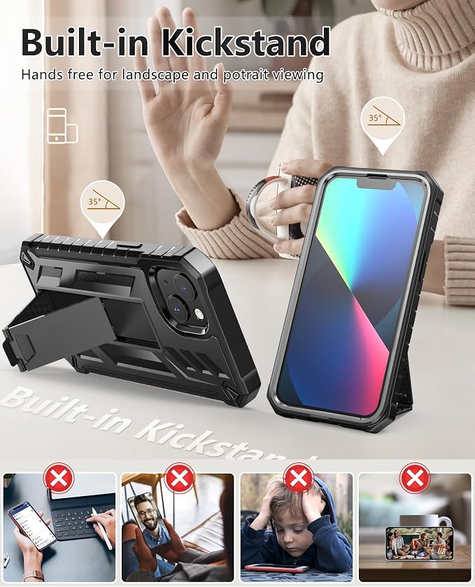 SOiOS for iPhone 13/14/15 Phone Case: for iPhone 16e Protective Cover with Built-in Kickstand | Heavy Duty Military Grade Hard Protection Shock Proof | Durable Dual-Layer Design Black