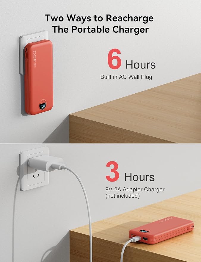 10000mAh Ultra-Portable-Charger-Power-Bank with Built in Cables&AC Wall Plug, PD20W USB-C Fast Charging Cell Phone Charger Battery Pack,LED Display Travel Battery Bank for All iPhone,Samsung,Android