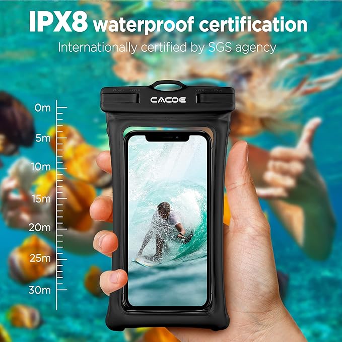 CACOE [Floatable] Floating Universal Waterproof Phone case 2 Pack-Up to 7.0",Phone Pouch with Adjustable Neck Lanyard,IPX8 Cellphone Dry Bags for Beach Pool Swimming（Black+Black）