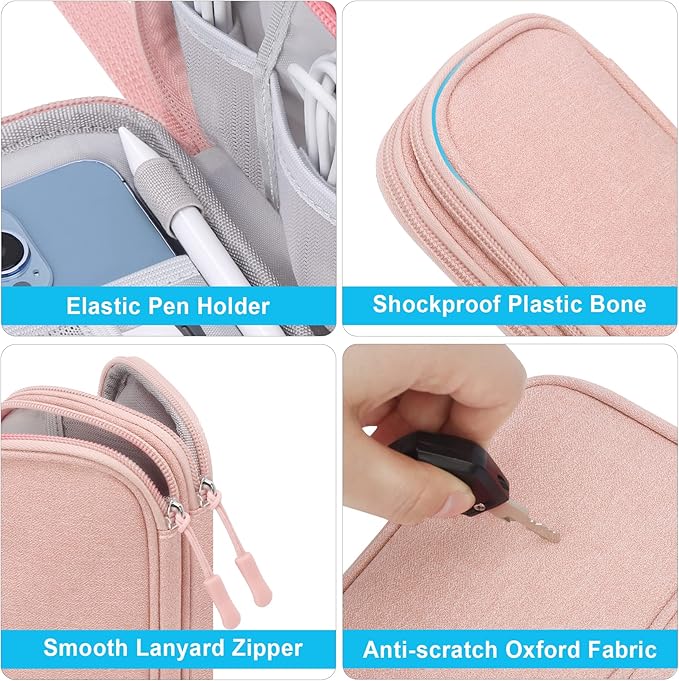 Lacdo Electronic Organizer, Travel Cable Organizer Bag Pouch Tech Electronic Accessories Carry Case Portable Double Layer Charger Case for Cable, Cord, Charger, Phone, Earphone, Power Bank, Light Pink