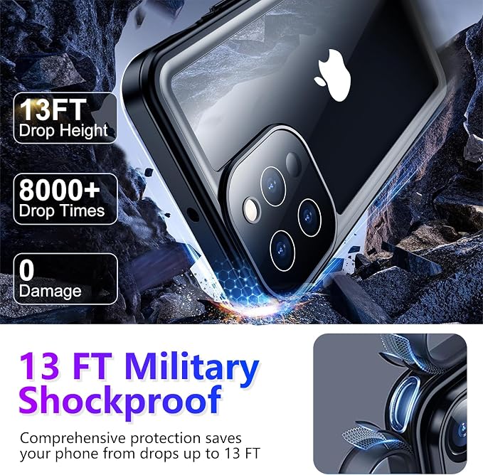 Temdan Compatible with iPhone 13 Pro Max Case Waterproof, Built-in Screen & Camera Protector IP68 Underwater Full Body 13FT Military Dropproof Shockproof Phone Case 6.7"-Black/Clear